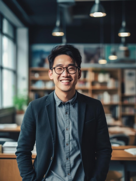 Photo confident handsome and successful asian man smiling and looking determined