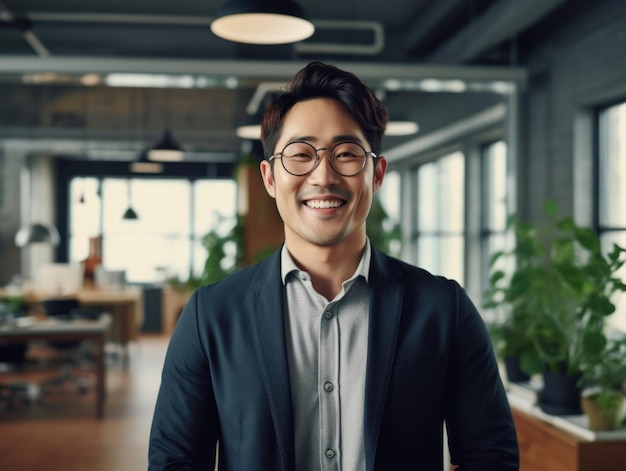 Confident handsome and successful asian man smiling and looking determined