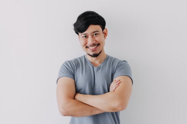 Confident and happy man in blue tshirt isolated on white background