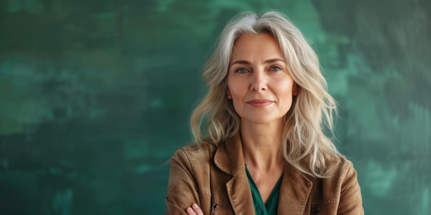 Confident And Happy Middleaged Woman Poses In A Green Studio Setting Copy Space