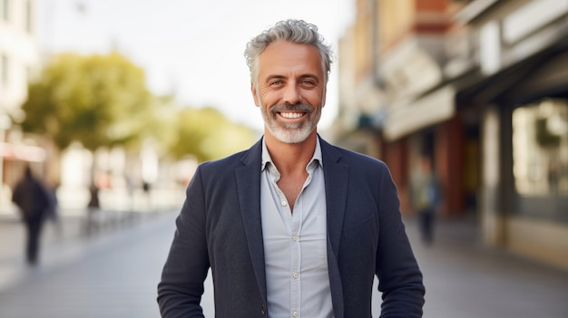 Confident happy smiling bearded mature businessman standing in the city looking at camera