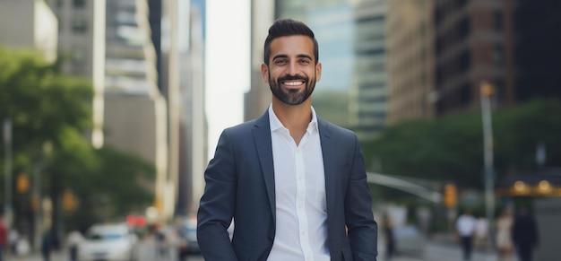 Photo confident happy smiling mature hispanic businessman standing in the city and looking at camera