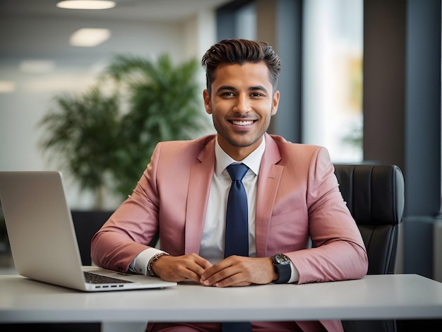 Confident happy young business man bank manager sitting at office work with laptop looking at camera