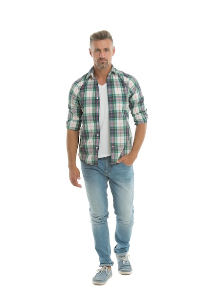 Confident in himself. Confident man isolated on white. Confident look of fashion man. Casual fashion trend. Fashion and style. Mens wardrobe for everyday life. Live confident lifestyle.