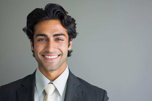 Confident indian businessman smiling against gray backdrop