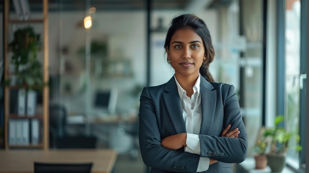 Photo confident indian businesswoman posing in modern office for photo