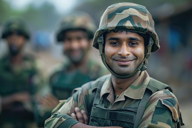 Confident Indian soldier on duty with arms crossed smiling