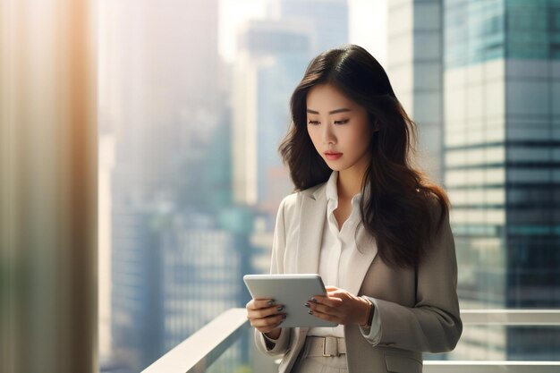 Photo confident korean businesswoman using wireless technology in modern city skyscrapers