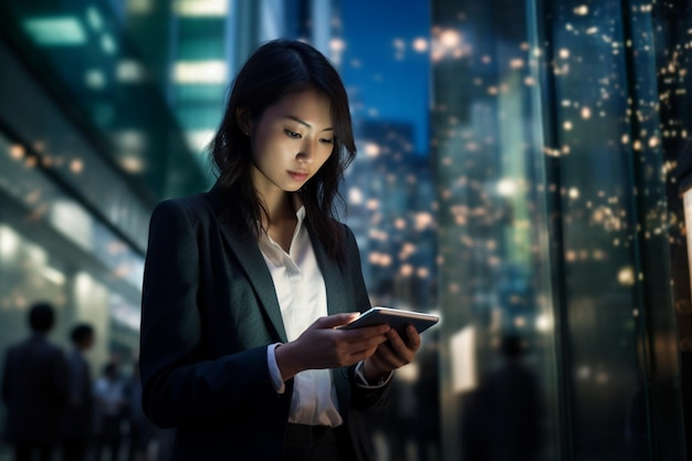 Photo confident korean businesswoman using wireless technology in modern city skyscrapers