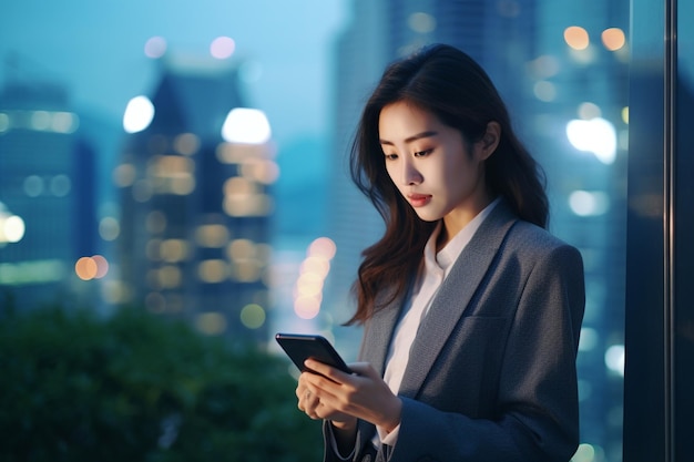 Photo confident korean businesswoman using wireless technology in modern city skyscrapers