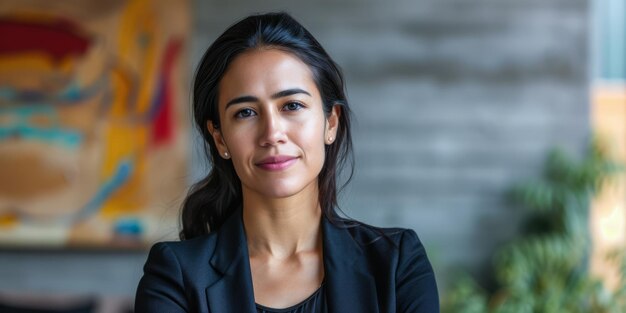 Confident latin businesswoman portrait at her office with copy space