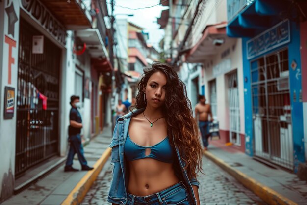 Photo confident latina with edgy street style in urban setting