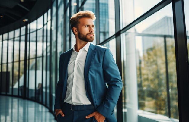 Confident leading businessman looking aside walking in office