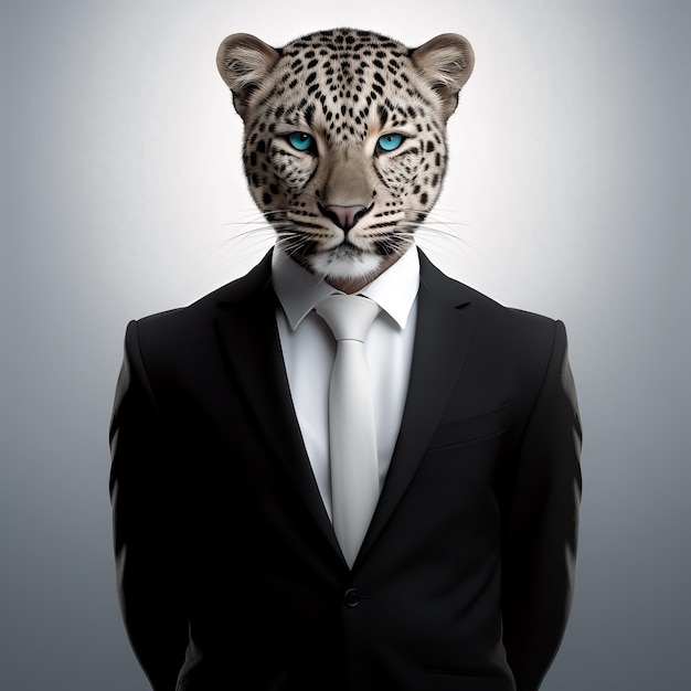 A Confident Leopard Businessman Stands Out in a Flawless Suit Set Against a Blank White Canvas to Emphasize His Professionalism Generative AI