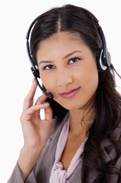 Confident looking businesswoman with headset on