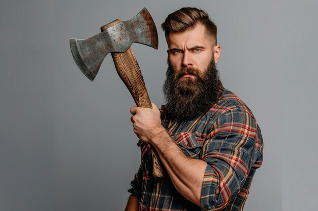 Photo confident lumberjack holding axe