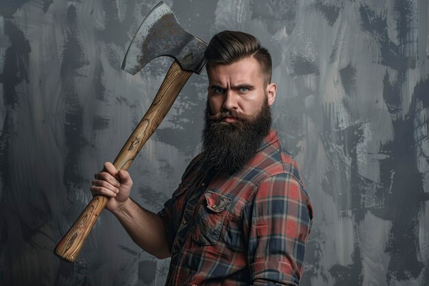 Photo confident lumberjack holding axe