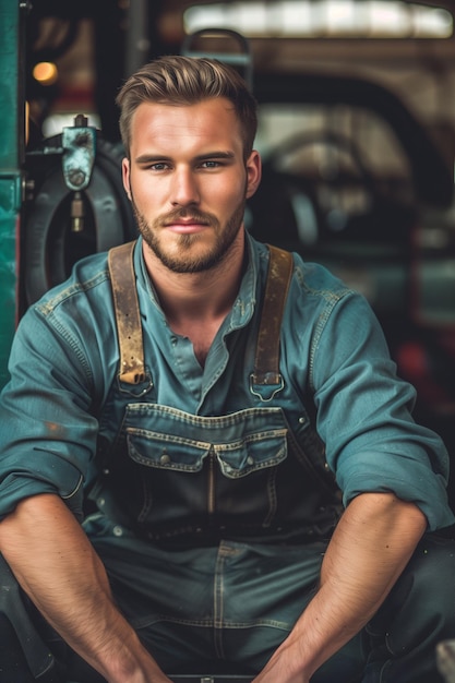 Confident male auto mechanic exuding charm and expertise in car service