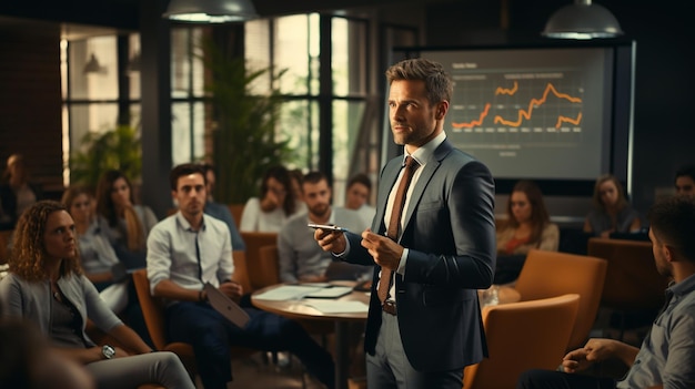 Photo confident male business coach in suit delivering engaging flipchart presentation