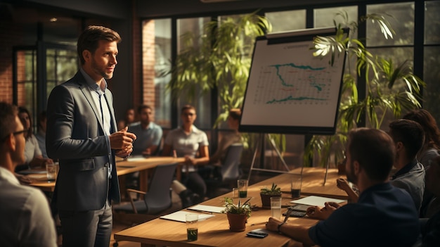 Confident Male Business Coach in Suit Delivering Engaging Flipchart Presentation