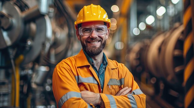 Foto uomo sicuro di sé ingegnere in uniforme di sicurezza in fabbrica