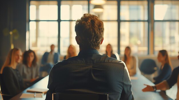 Foto uomo dirigente sicuro di sé che guida una squadra diversificata di professionisti in un ufficio moderno