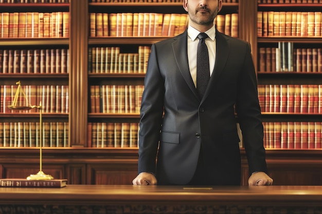 Confident male lawyer standing in a library