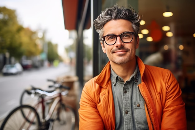 自信のある男性のオーナーが自転車店の外を眺めながらファンキーなメガネをかぶっています