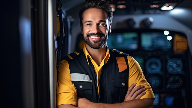 A confident male pilot in uniform keeping arms crossed and smiling while standing inside of the airplane Generative Ai