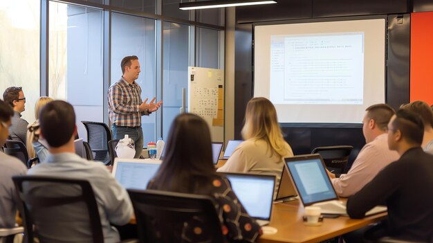 Photo confident male professional leads a meeting with his team