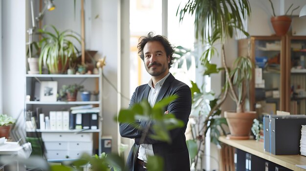 Photo confident male professional standing in a modern office with plants he is wearing a suit and has a beard
