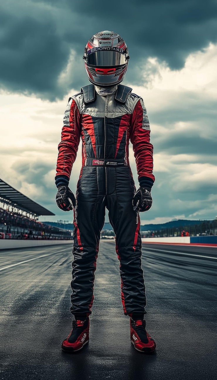 Photo confident male racer in a racing suit and helmet stands proudly at the track stadium ready to race