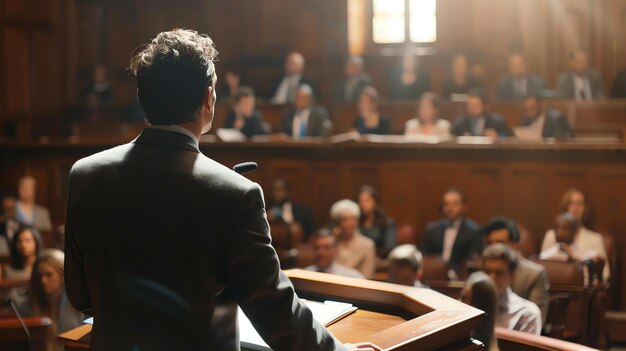 Photo confident male speaker addressing diverse audience at public speaking event sunlight streams through window illuminating scene