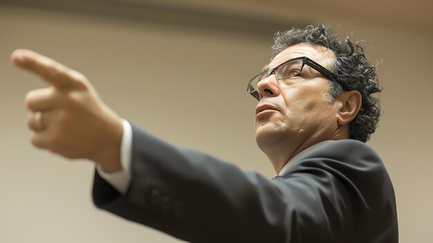 Photo confident male speaker giving a presentation in front of an audience