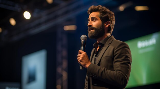 Photo confident male speaker with beard giving a talk at a professional seminar leadership concept generative ai