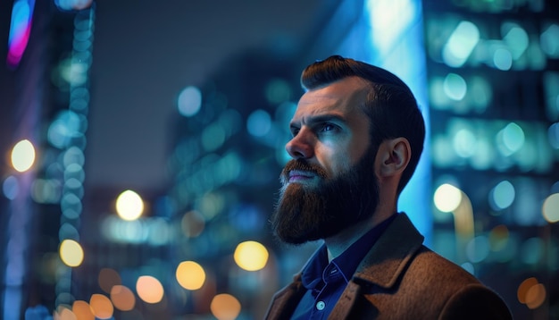 Confident man in city at night