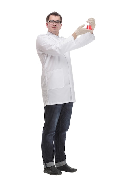 Confident man doctor wearing unifrom and glasses holding beaker