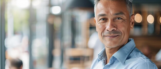 Confident man smiling gently in a cafe setting