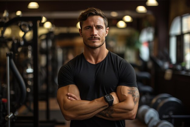 A confident man standing in a gym with his arms crossed