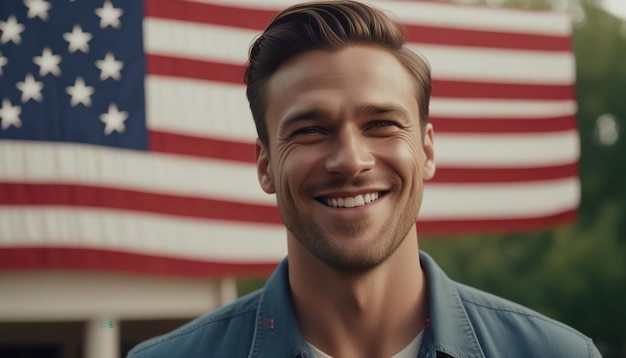 A confident man stands in front of a billowing American flag a smile of satisfaction on their face