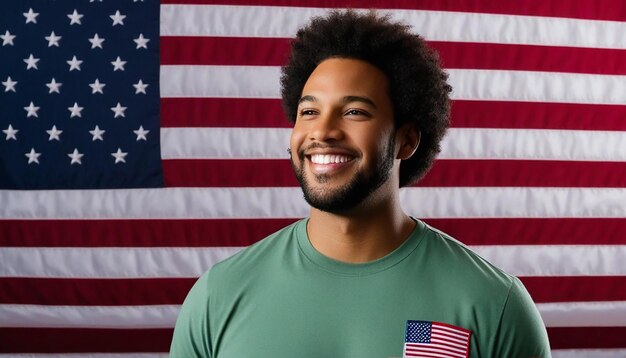 A confident man stands in front of a billowing American flag a smile of satisfaction on their face