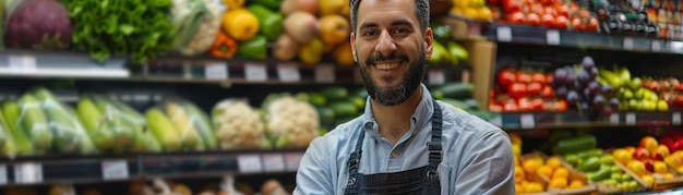 Photo confident man in supermarket fresh produce aisle