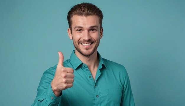 Confident man in a teal shirt giving a thumbs up clear teal background creates a fresh look