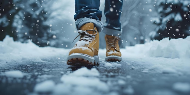 Confident Man Walking in Warm Shoes on a Snowy Winter Day Concept Winter Fashion Snowy Outfits Men39s Footwear Cold Weather Style Outdoor Photography