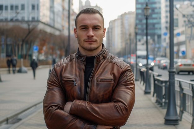 Confident man wearing an elegant leather jacket standing in business district Concept of Entrepreneurship wealth building and Ownership