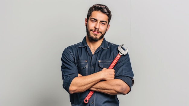 Confident man with a beard dressed in a navy blue mechanics jumpsuit holding a red wrench over his shoulder