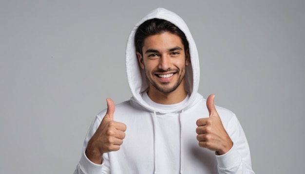 A confident man with a beard in a white hoodie gives two thumbs up his warm smile conveying