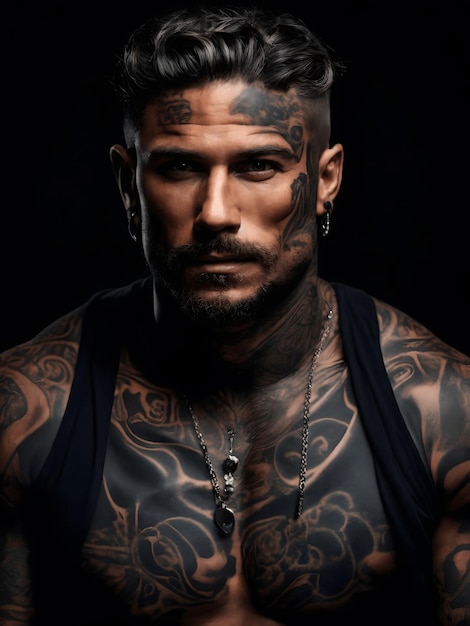 Photo confident man with muscular body tattooed on black background