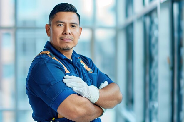 Photo confident man in work uniform stands with crossed arms