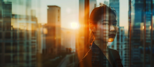 Photo a confident manager gazes intently through the window the background with blurred skyscrapers